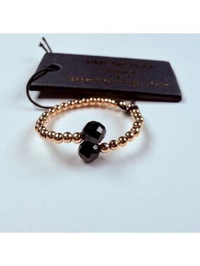 14K Yellow Gold Natural Black Spinel Caviar Beads Stackable Bypass Ring NEW!